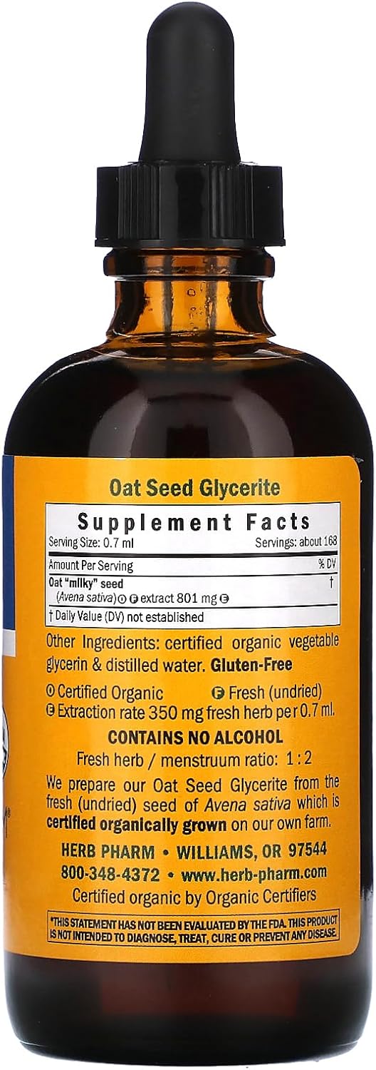 Certified Organic Alcohol-Free Oat Seed Glycerite - 4 Ounce for Nervous System Support