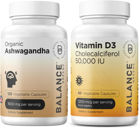 Certified Organic Ashwagandha 1600 mg + Vitamin D3 50,000 IU Supplement for Balance and Well-being