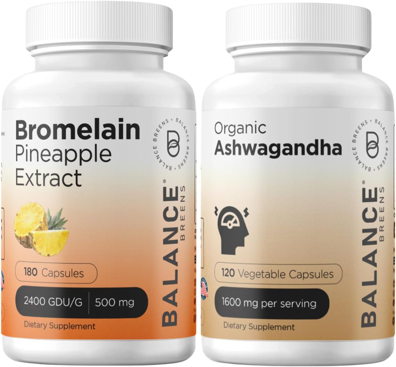Certified Organic Ashwagandha 1600mg with Balancebreens Bromelain 500mg Capsules - 180 Count Combo Pack