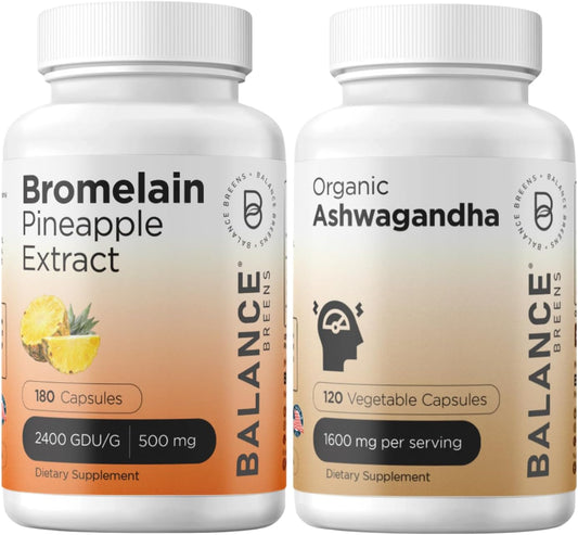 Certified Organic Ashwagandha 1600mg with Balancebreens Bromelain 500mg Capsules - 180 Count Combo Pack