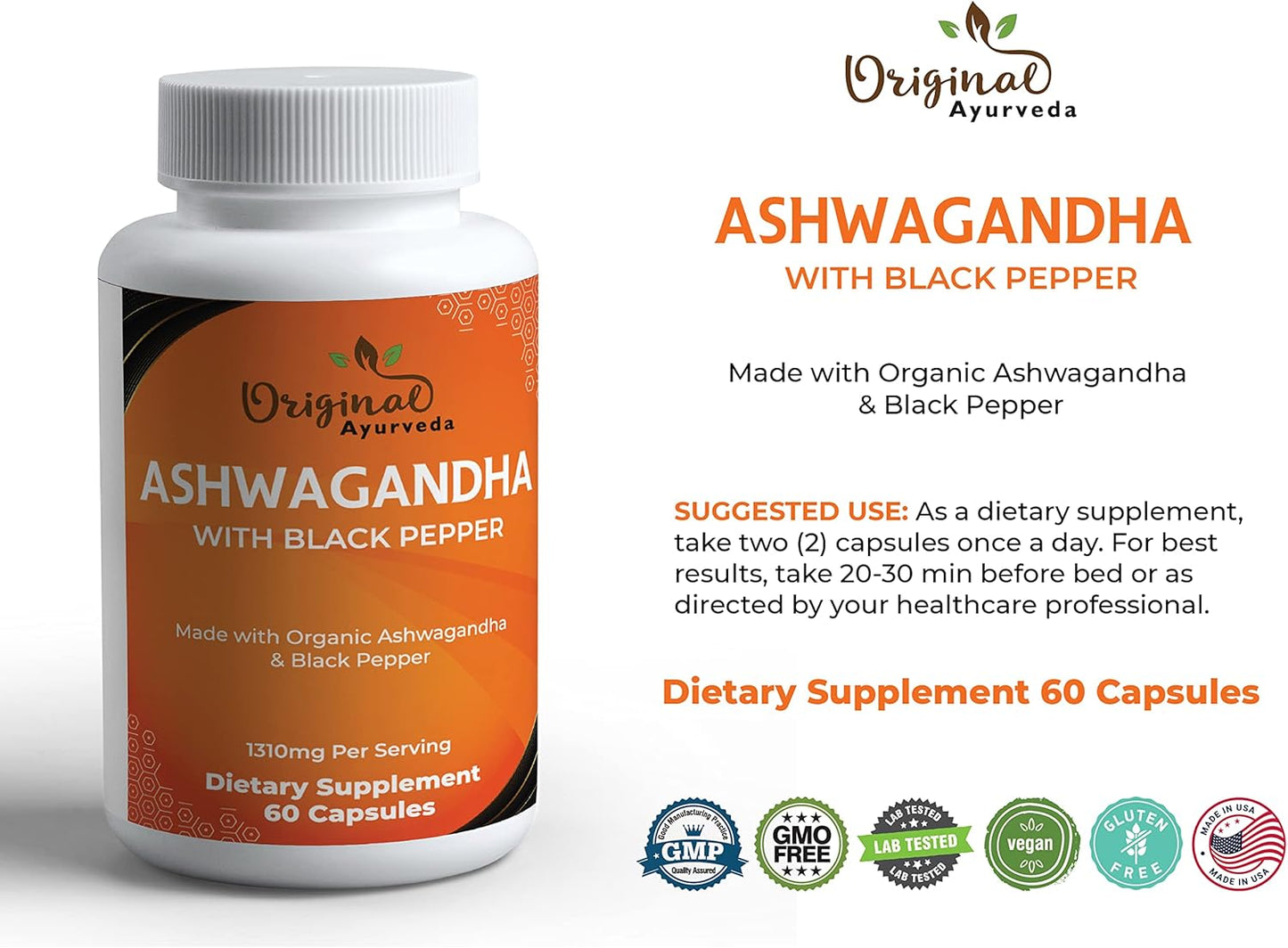 Certified Organic Ashwagandha and Black Pepper Supplement - 1310mg - Non-GMO, Gluten-Free - Lab Tested