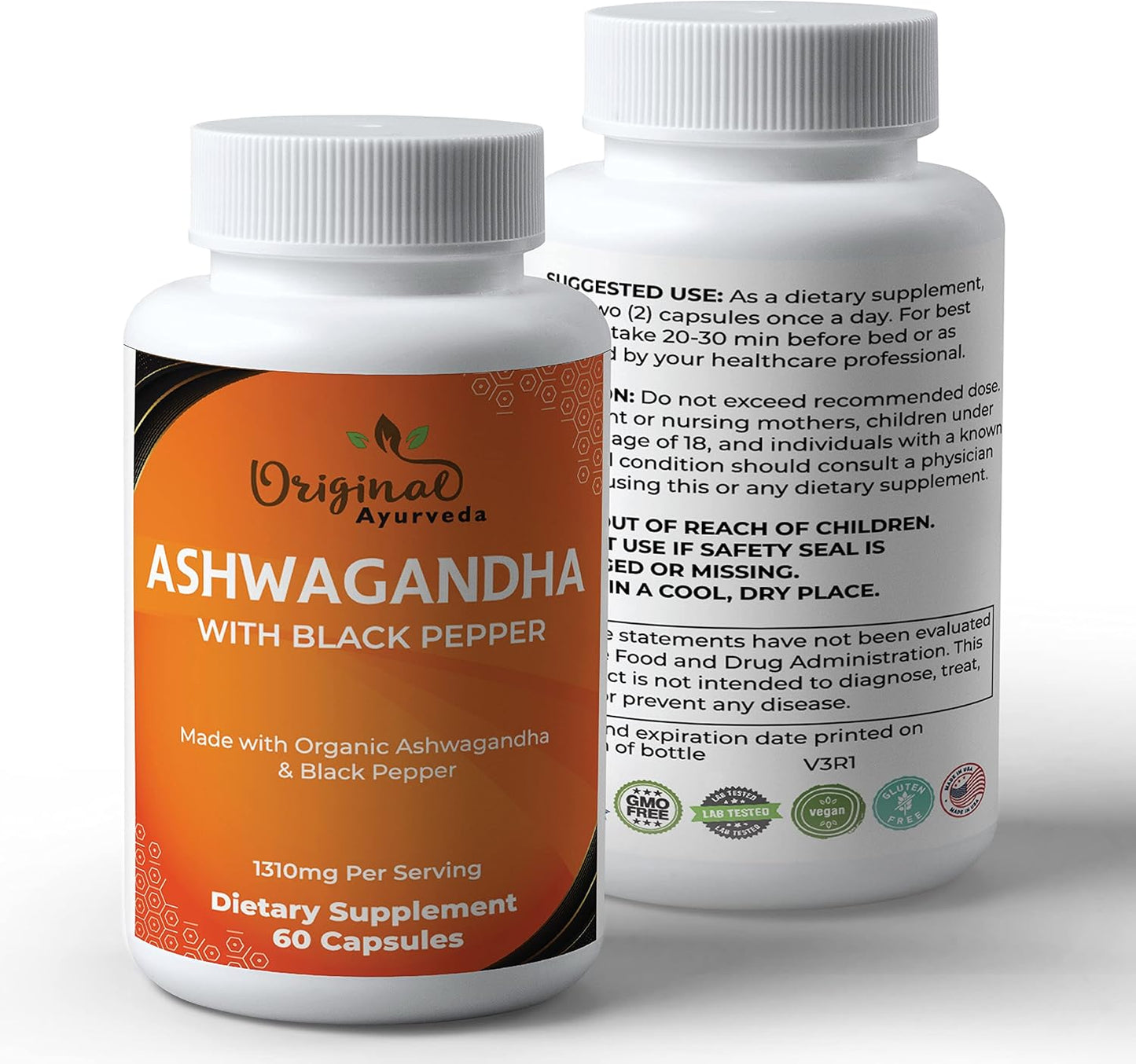 Certified Organic Ashwagandha and Black Pepper Supplement - 1310mg - Non-GMO, Gluten-Free - Lab Tested