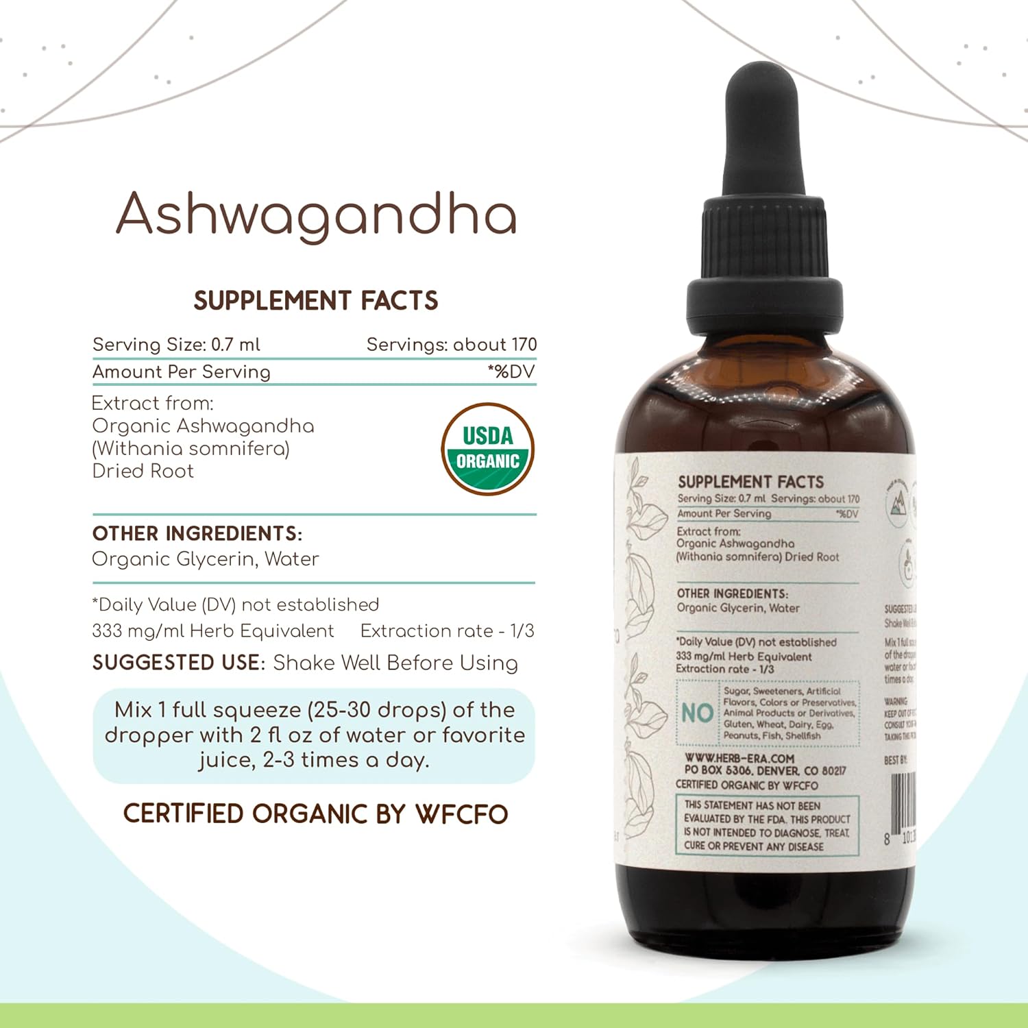 Certified Organic Ashwagandha B120 Tincture | Alcohol-Free Herbal Drops Extract | High-Potency USDA Organic Withania Somnifera Root (4 oz)