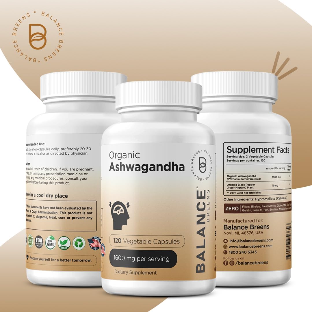 Certified Organic Ashwagandha & Citrus Bergamot Supplement Combo - 1600mg & 500mg