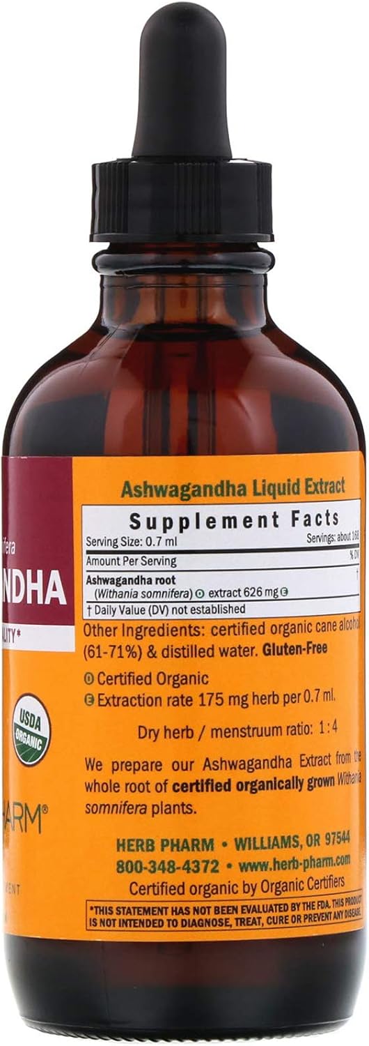 Certified Organic Ashwagandha Extract for Energy and Vitality - 4 Ounce Bottle with Organic Cane Alcohol