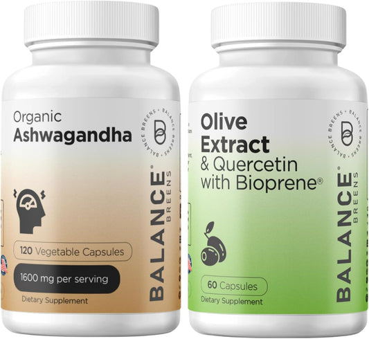 Certified Organic Ashwagandha + Immunity Booster Olive Leaf Extract Supplement Combo