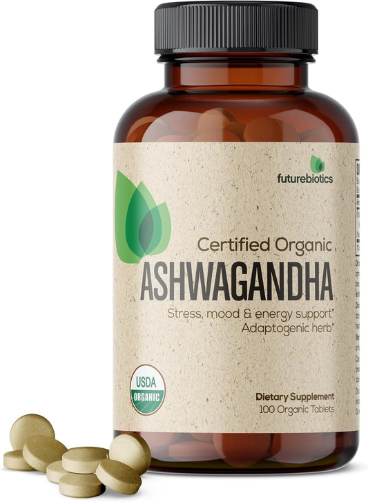 Certified Organic Ashwagandha Tablets for Stress, Mood, and Energy Support - Non-GMO Adaptogenic Herb - 100 Tablets