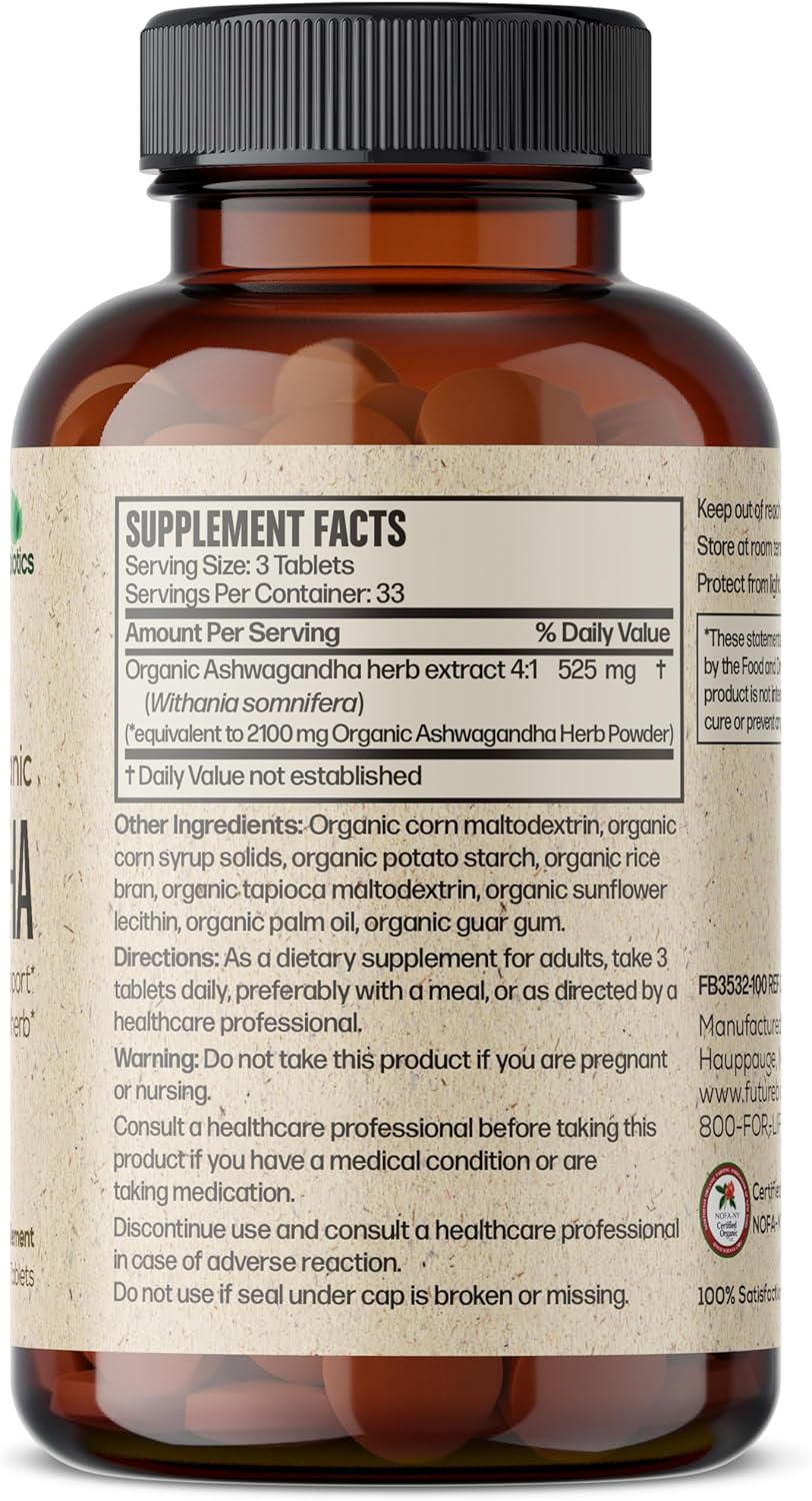 Certified Organic Ashwagandha Tablets for Stress, Mood, and Energy Support - Non-GMO Adaptogenic Herb - 100 Tablets