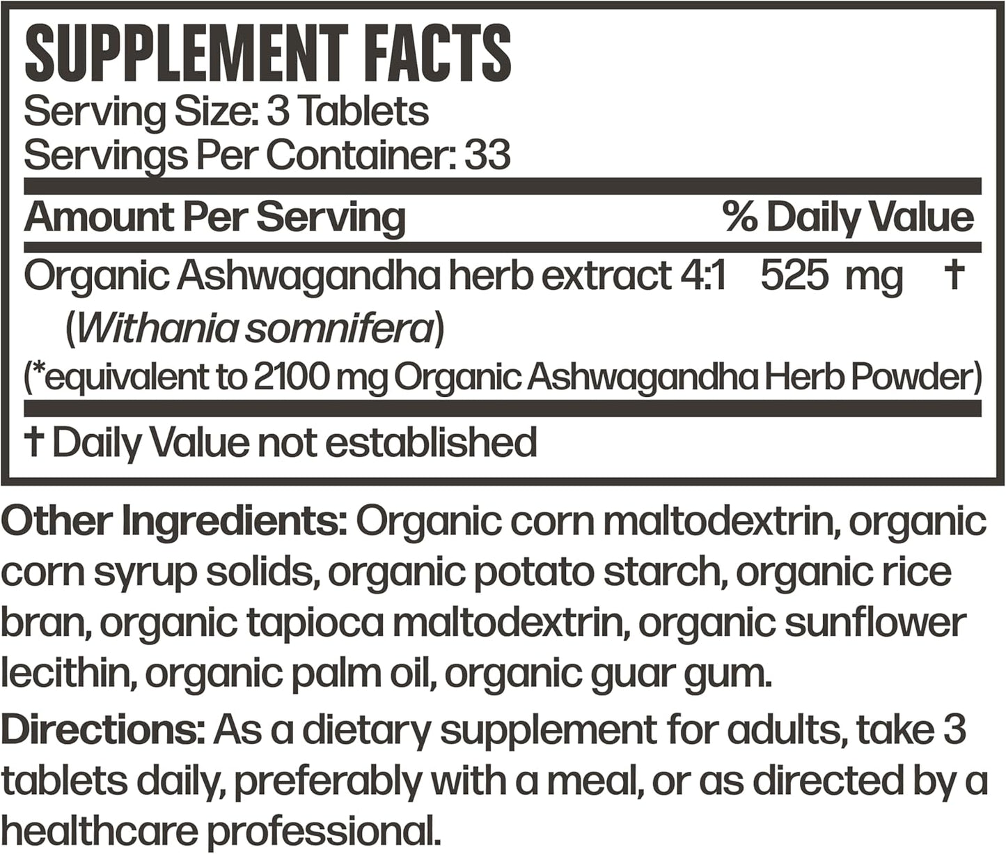 Certified Organic Ashwagandha Tablets for Stress, Mood, and Energy Support - Non-GMO Adaptogenic Herb - 100 Tablets