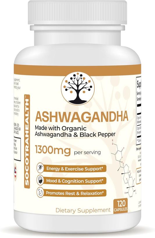Certified Organic Ashwagandha with Black Pepper Capsules - Non-GMO, Gluten-Free, Vegan - Supports Mood, Energy, Rest, and Relaxation