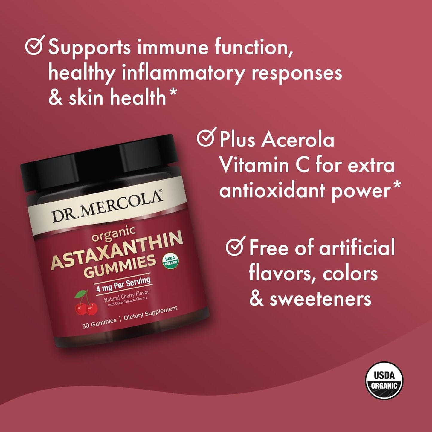 Certified Organic Astaxanthin Gummies - Immune Support Supplement, 4mg Per Serving, Non-GMO - 30 Servings