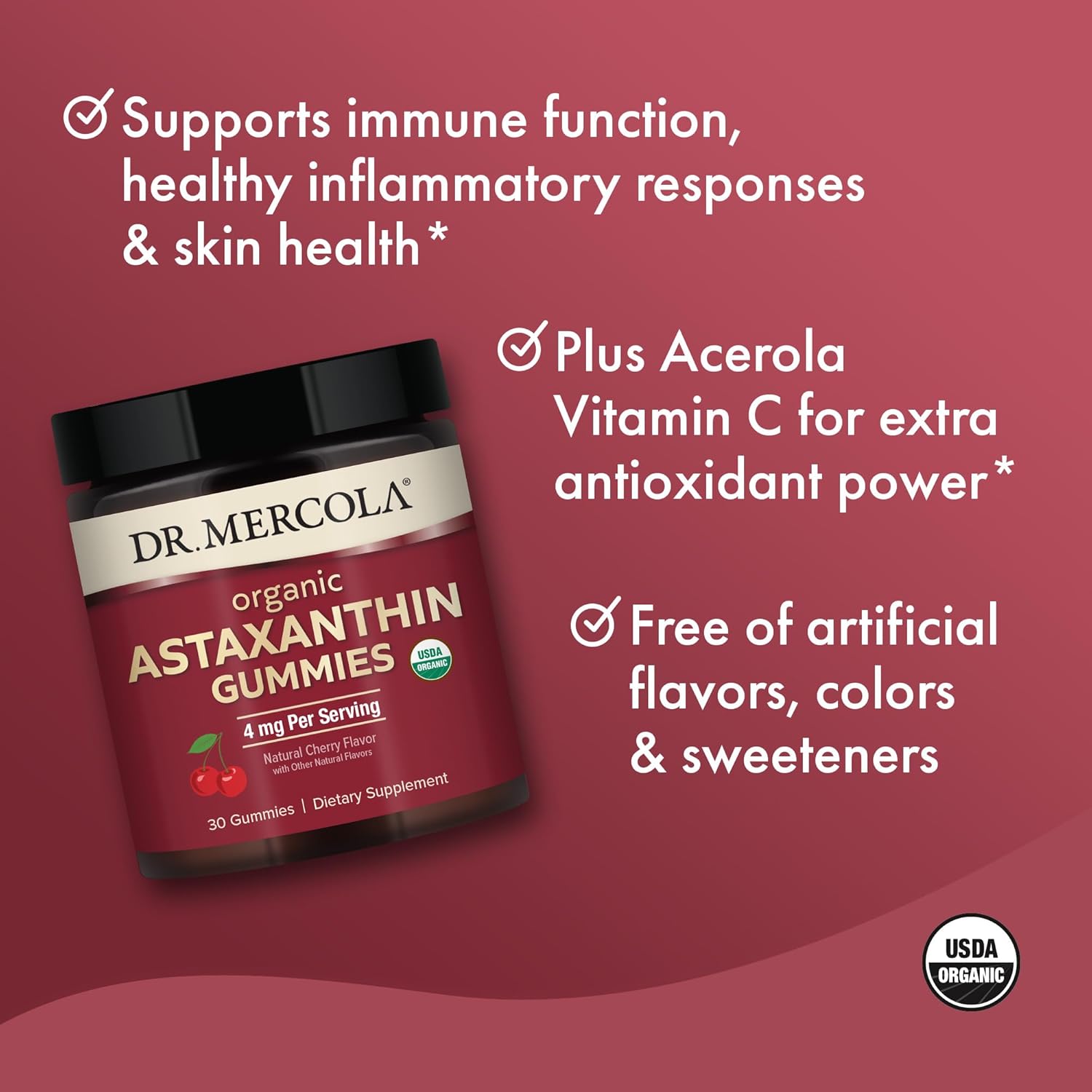 Certified Organic Astaxanthin Gummies - Immune Support Supplement, 4mg Per Serving, Non-GMO - 30 Servings