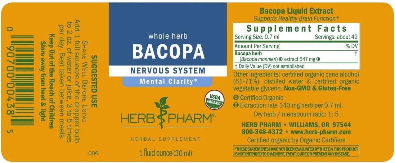 Certified Organic Bacopa Liquid Extract 4oz - Herbal Brain Support Formula by Herb Pharm