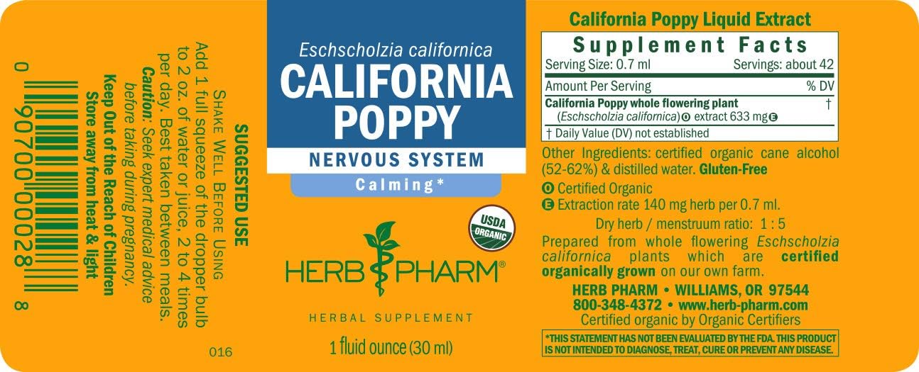 Certified Organic California Poppy Liquid Extract - Calming Support for Nervous System - 2 Pack, 1 Ounce Each