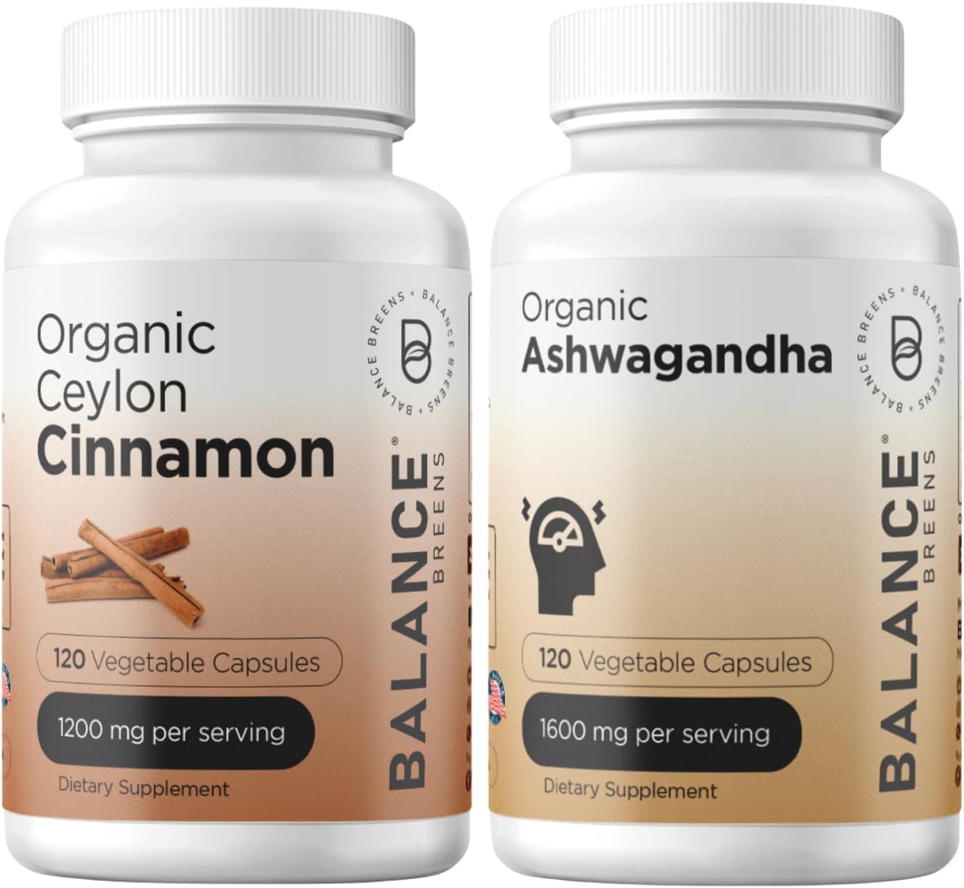 Certified Organic Ceylon Cinnamon and Ashwagandha Supplement Combo - 1200mg Cinnamon + 1600mg Ashwagandha