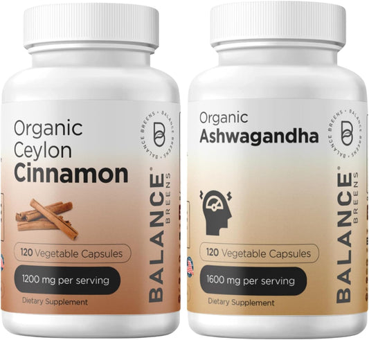 Certified Organic Ceylon Cinnamon and Ashwagandha Supplement Combo - 1200mg Cinnamon + 1600mg Ashwagandha