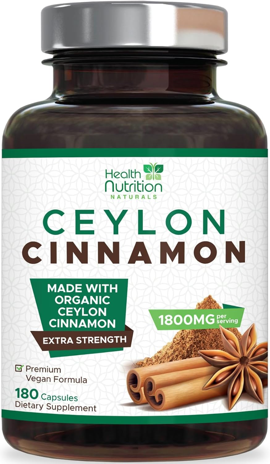 Certified Organic Ceylon Cinnamon Capsules - 1800mg Pure Cinnamon Supplements - Non-GMO, Gluten Free, Vegan - Antioxidant Cinnamon Pills - 180 Count