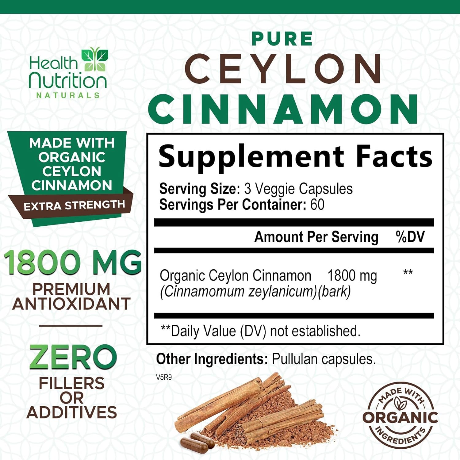 Certified Organic Ceylon Cinnamon Capsules - 1800mg Pure Cinnamon Supplements - Non-GMO, Gluten Free, Vegan - Antioxidant Cinnamon Pills - 180 Count