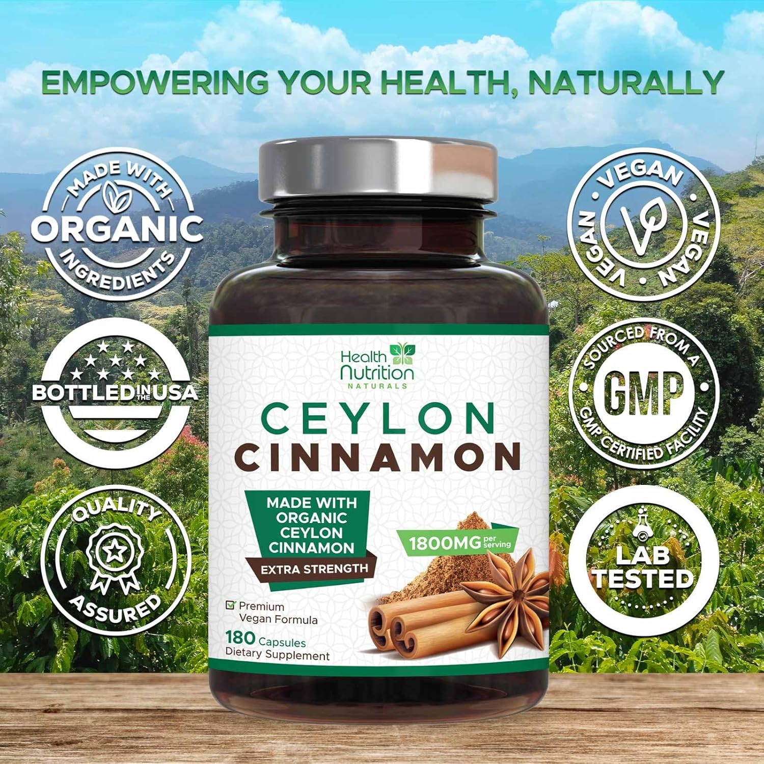 Certified Organic Ceylon Cinnamon Capsules - 1800mg Pure Cinnamon Supplements - Non-GMO, Gluten Free, Vegan - Antioxidant Cinnamon Pills - 180 Count