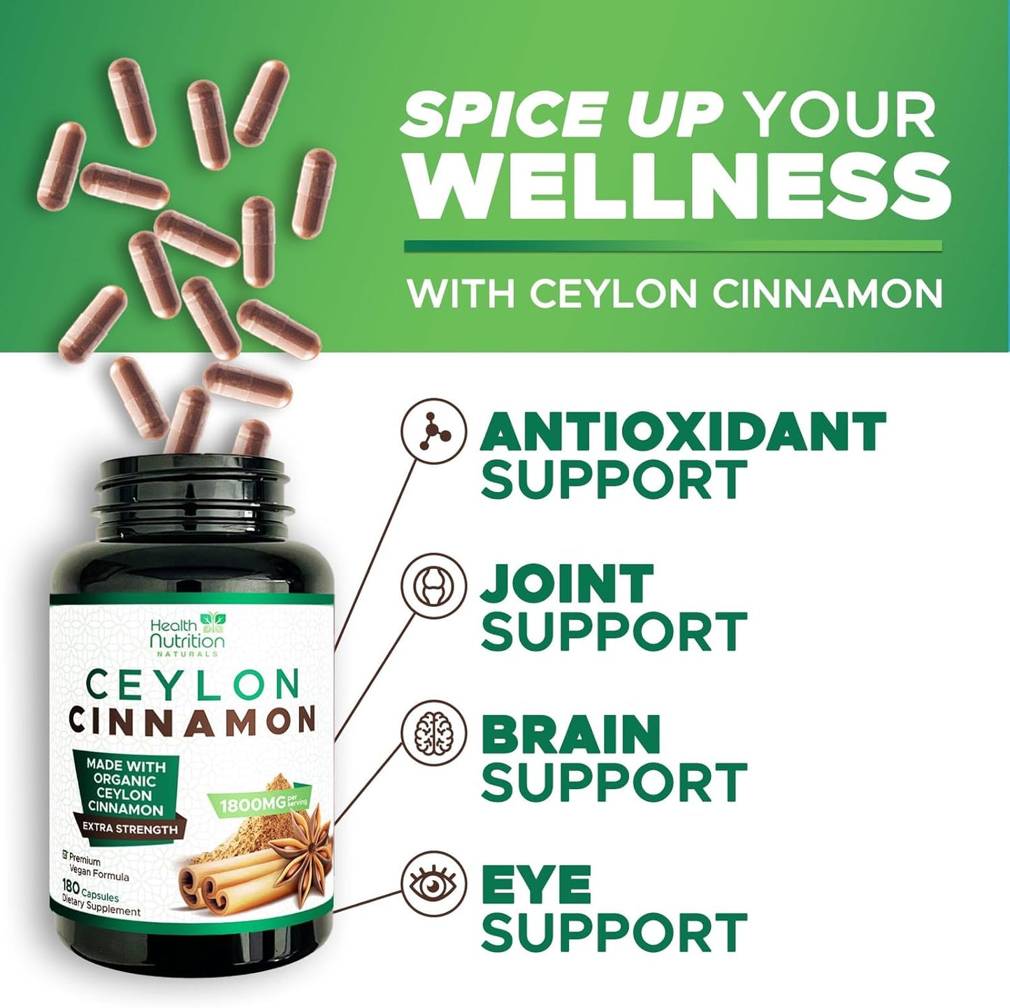 Certified Organic Ceylon Cinnamon Capsules - 1800mg Pure Cinnamon Supplements - Non-GMO, Gluten Free, Vegan - Antioxidant Cinnamon Pills - 180 Count