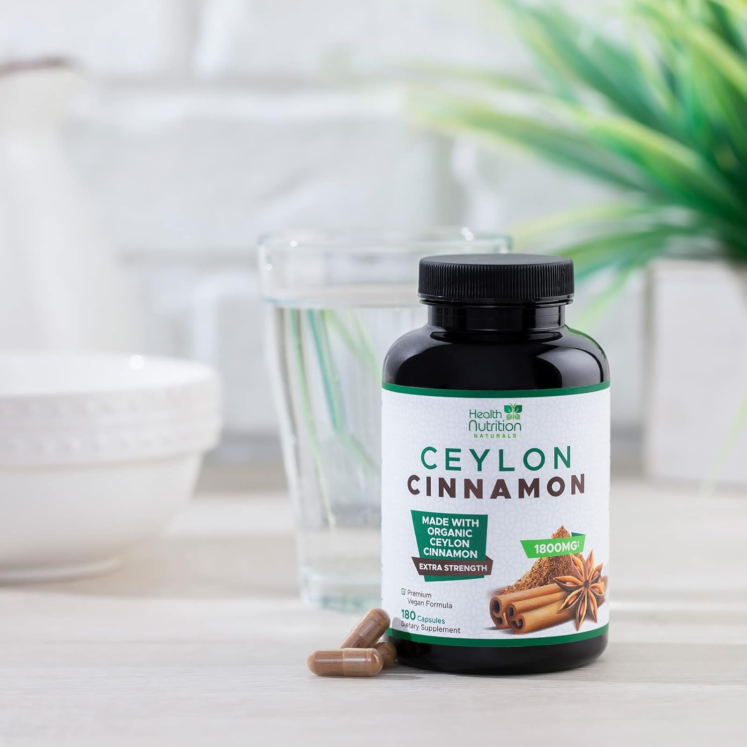 Certified Organic Ceylon Cinnamon Capsules - 1800mg Pure Cinnamon Supplements - Non-GMO, Gluten Free, Vegan - Antioxidant Cinnamon Pills - 180 Count