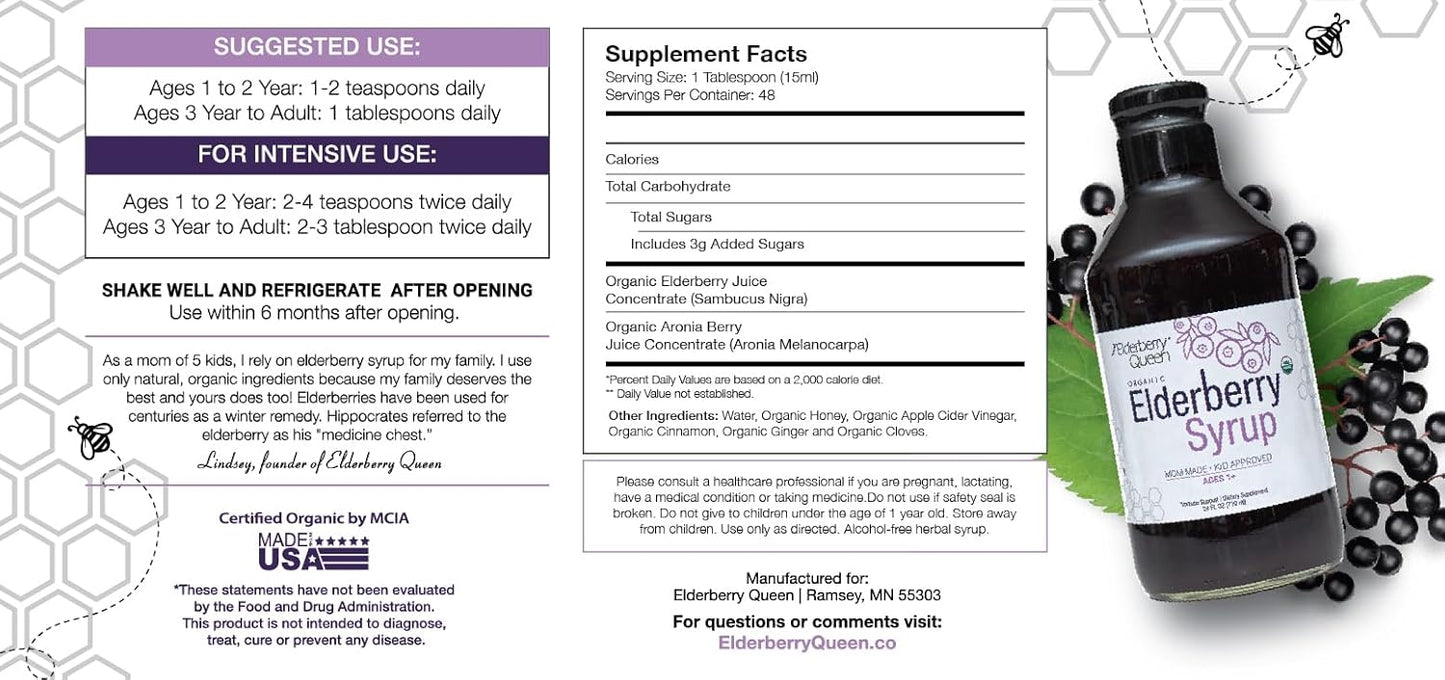 Certified Organic Elderberry Syrup with Sambucus Black Elderberry & Aronia Berry - Immune Support Formula for Kids and Adults - 24 Fl Oz