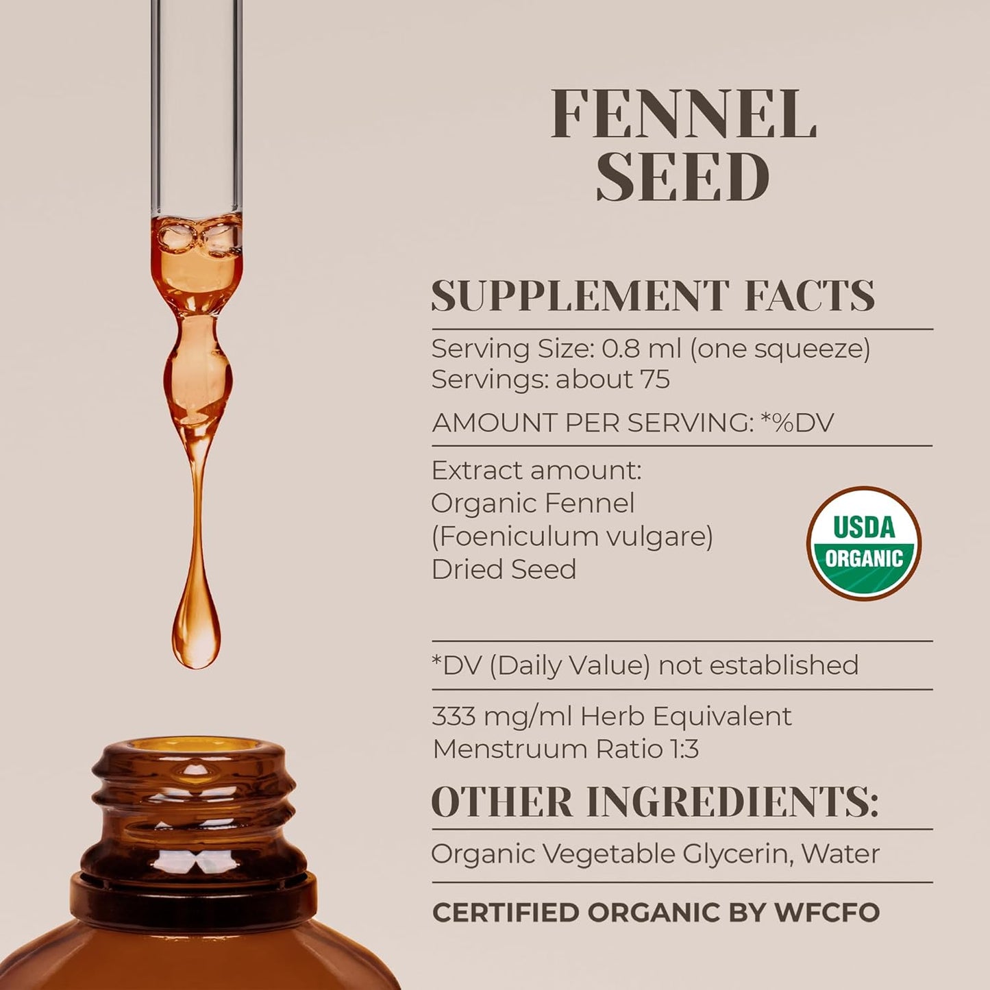 Certified Organic Fennel Seed Extract Tincture 2oz - High-Potency Supplement, Alcohol-Free & USDA Organic