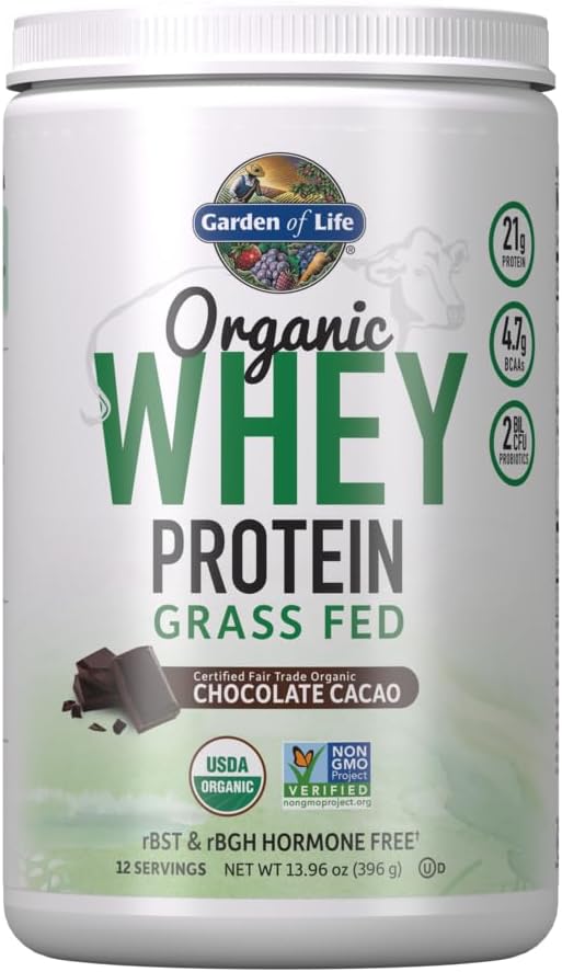 Certified Organic Grass Fed Chocolate Cacao Whey Protein Powder with Probiotics - 12 Servings, Gluten Free, Kosher, Hormone Free - Garden of Life
