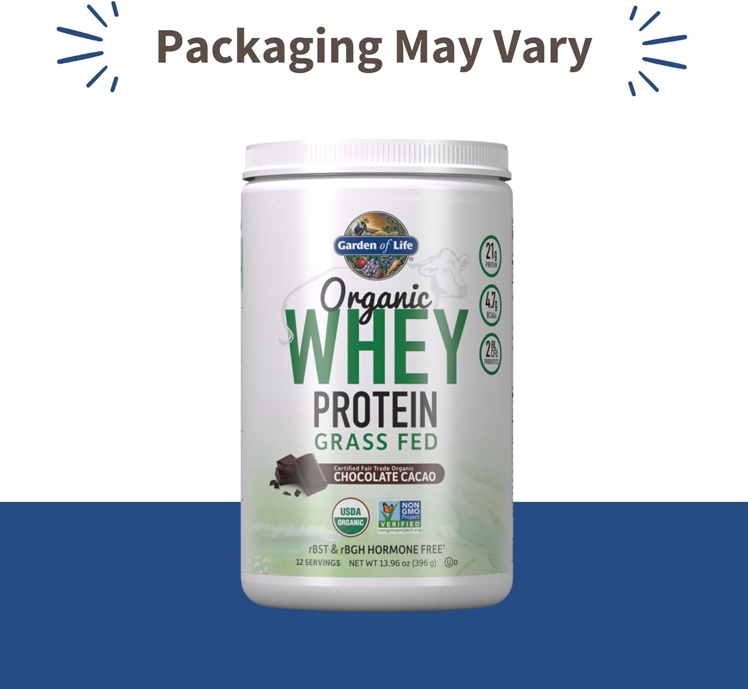 Certified Organic Grass Fed Chocolate Cacao Whey Protein Powder with Probiotics - 12 Servings, Gluten Free, Kosher, Hormone Free - Garden of Life