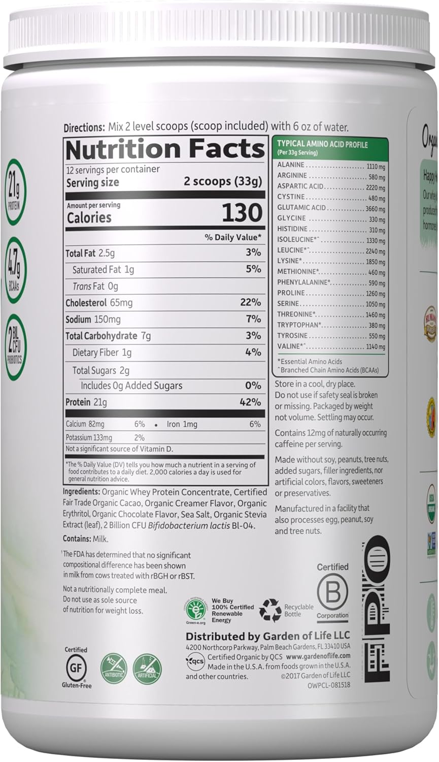 Certified Organic Grass Fed Chocolate Cacao Whey Protein Powder with Probiotics - 12 Servings, Gluten Free, Kosher, Hormone Free - Garden of Life