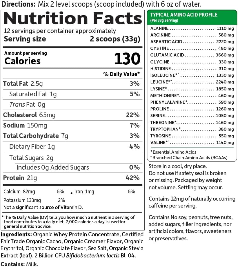 Certified Organic Grass Fed Chocolate Cacao Whey Protein Powder with Probiotics - 12 Servings, Gluten Free, Kosher, Hormone Free - Garden of Life