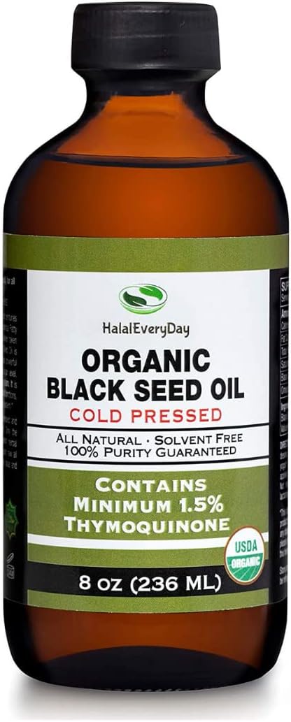 Certified Organic HalalEveryDay Black Seed Oil - Pure Cold Pressed 8 oz Glass Bottle - Non-GMO Vegan Nigella Sativa Hexane Free - 1.5% Thymoquinone