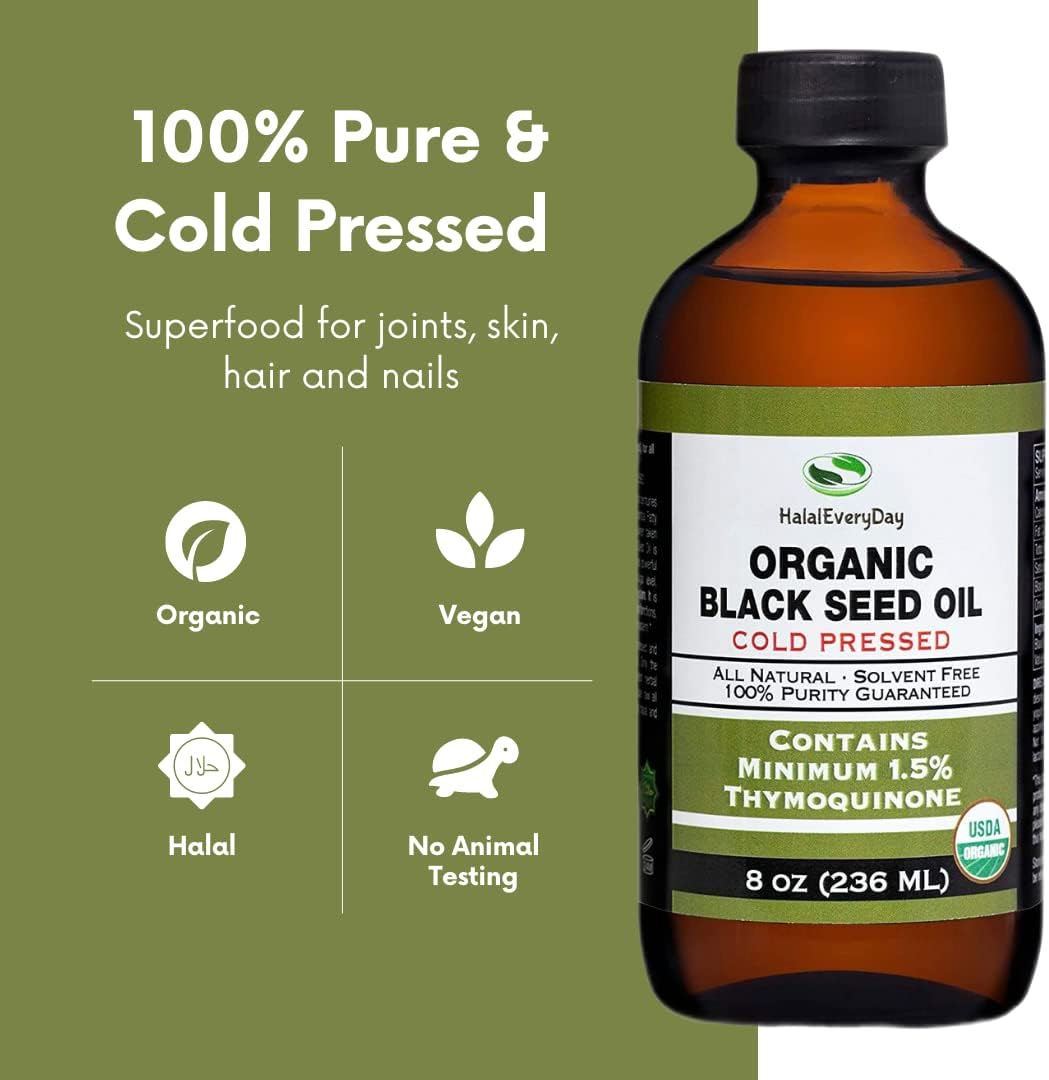 Certified Organic HalalEveryDay Black Seed Oil - Pure Cold Pressed 8 oz Glass Bottle - Non-GMO Vegan Nigella Sativa Hexane Free - 1.5% Thymoquinone