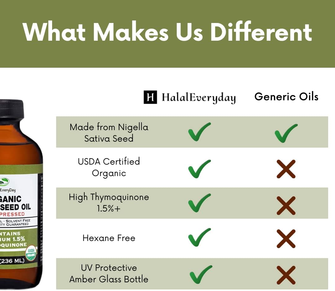 Certified Organic HalalEveryDay Black Seed Oil - Pure Cold Pressed 8 oz Glass Bottle - Non-GMO Vegan Nigella Sativa Hexane Free - 1.5% Thymoquinone