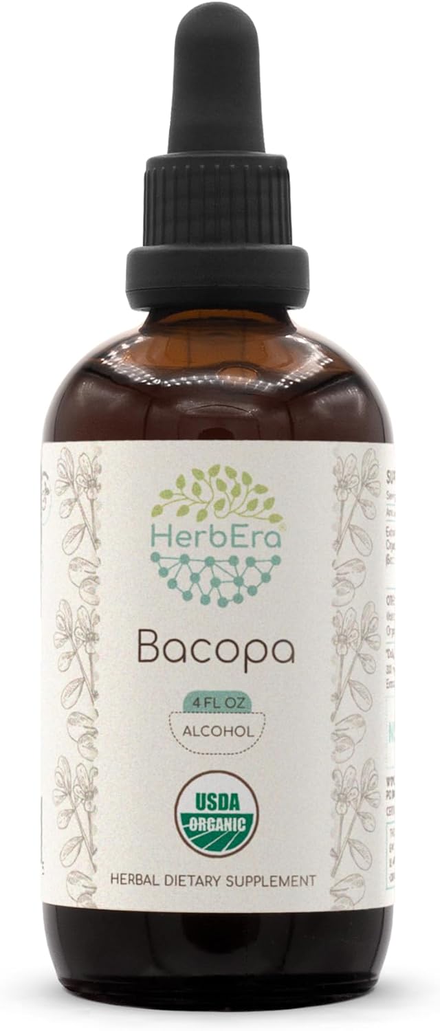 Certified Organic HerbEra Bacopa A120 Tincture - Alcohol Extract, High-Potency Herbal Drops for Relaxation and Cognitive Benefits - 4 fl oz