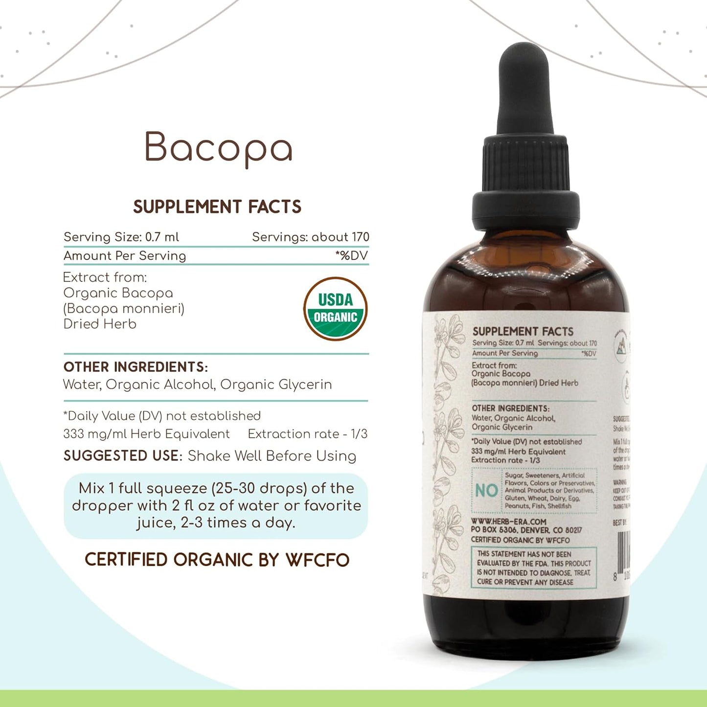 Certified Organic HerbEra Bacopa A120 Tincture | Alcohol Extract, High-Potency Herbal Drops for Relaxation and Cognitive Health (4 fl oz)