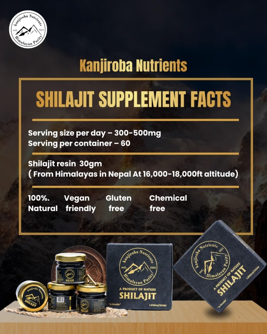 Certified Organic Kanjiroba Nutrients Himalayan Shilajit Resin - 85+ Minerals, 75%+ Fulvic Acid, 500mg - Grade A, Lab Tested Report - 30g Pack