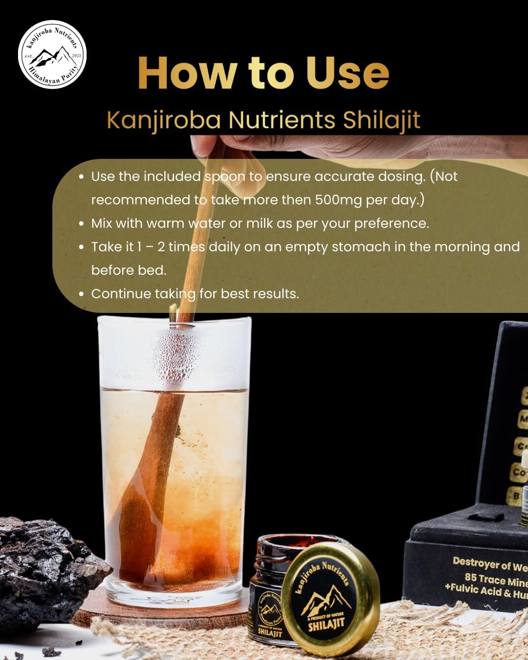 Certified Organic Kanjiroba Nutrients Himalayan Shilajit Resin - 85+ Minerals, 75%+ Fulvic Acid, 500mg - Grade A, Lab Tested Report - 30g Pack