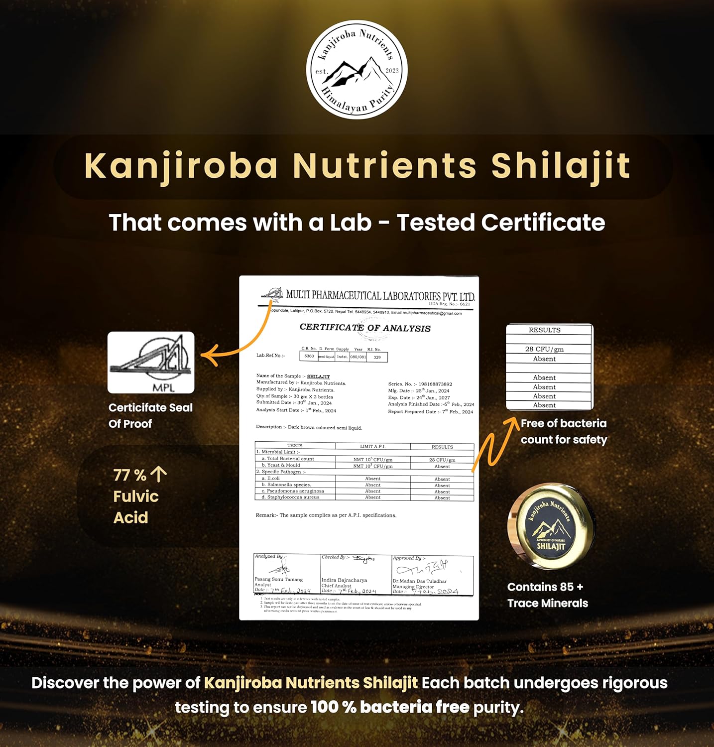 Certified Organic Kanjiroba Nutrients Himalayan Shilajit Resin - 85+ Minerals, 75%+ Fulvic Acid, 500mg - Grade A, Lab Tested Report - 30g Pack