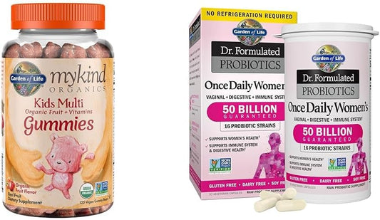 Certified Organic Kids Gummy Vitamins & Women's Probiotics Bundle - 16 Strains, 50 Billion CFU - 30 Count Pack