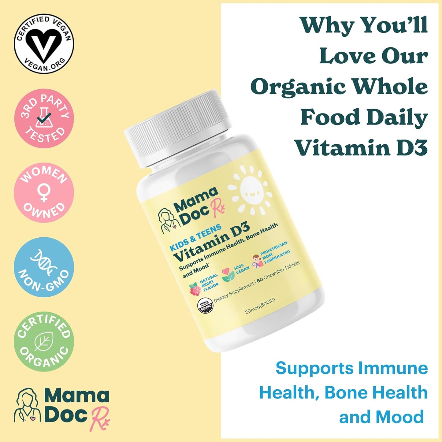 Certified Organic Kids & Teens Vitamin D3 Chewables | 800 IU | Sugar-Free, Vegan, Allergen-Free | 2 Month Supply | Ages 3+
