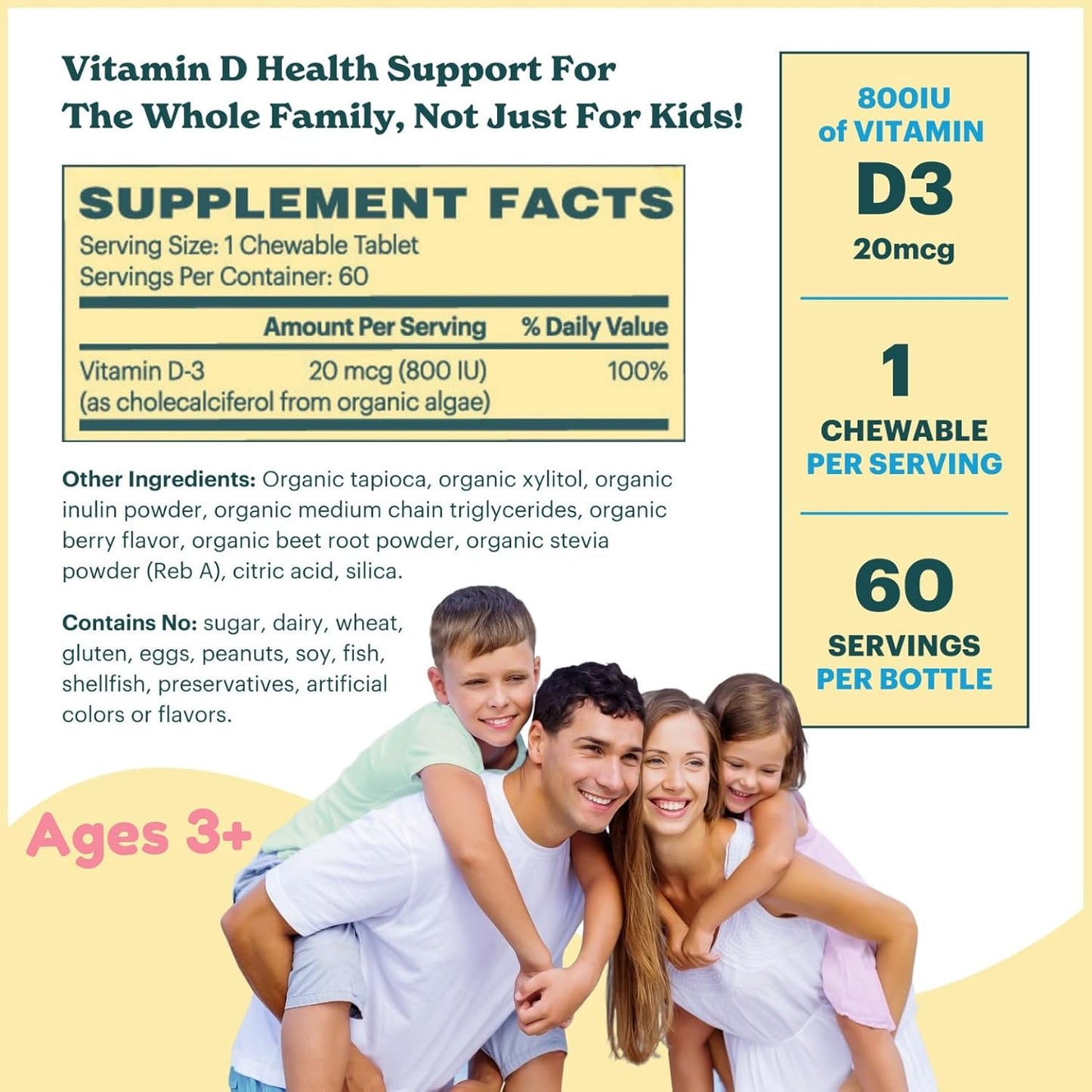Certified Organic Kids & Teens Vitamin D3 Chewables | 800 IU | Sugar-Free, Vegan, Allergen-Free | 2 Month Supply | Ages 3+