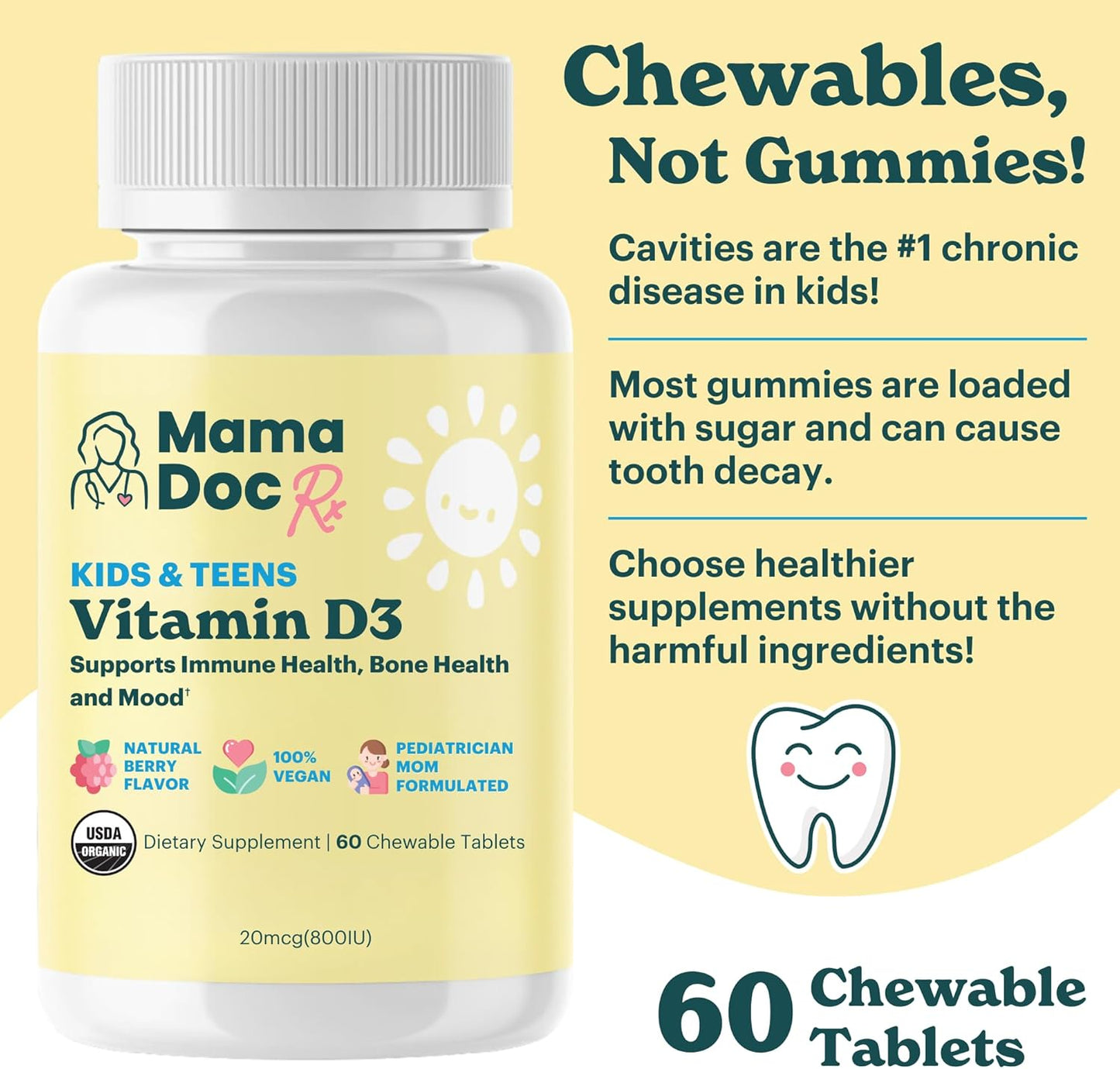 Certified Organic Kids & Teens Vitamin D3 Chewables | 800 IU | Sugar-Free, Vegan, Allergen-Free | 2 Month Supply | Ages 3+