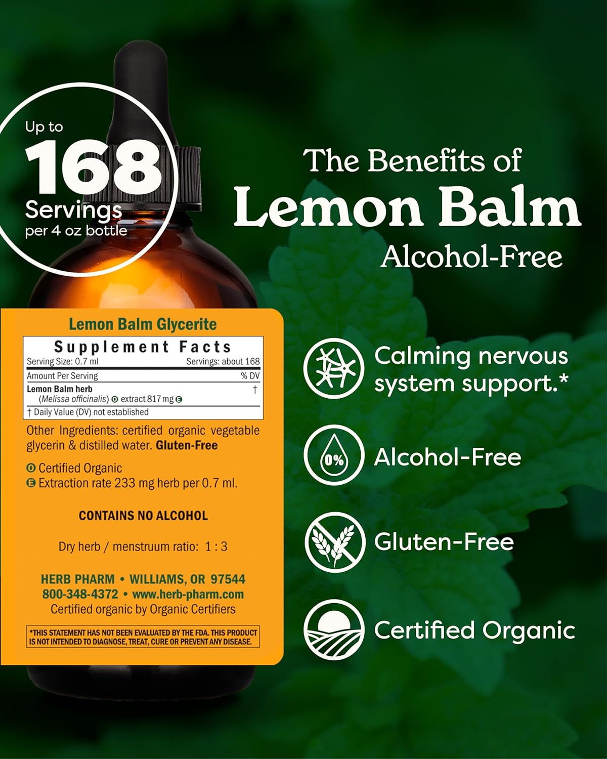 Certified Organic Lemon Balm Liquid Extract for Calming Nervous System Support - Alcohol-Free Glycerite - 4 oz.