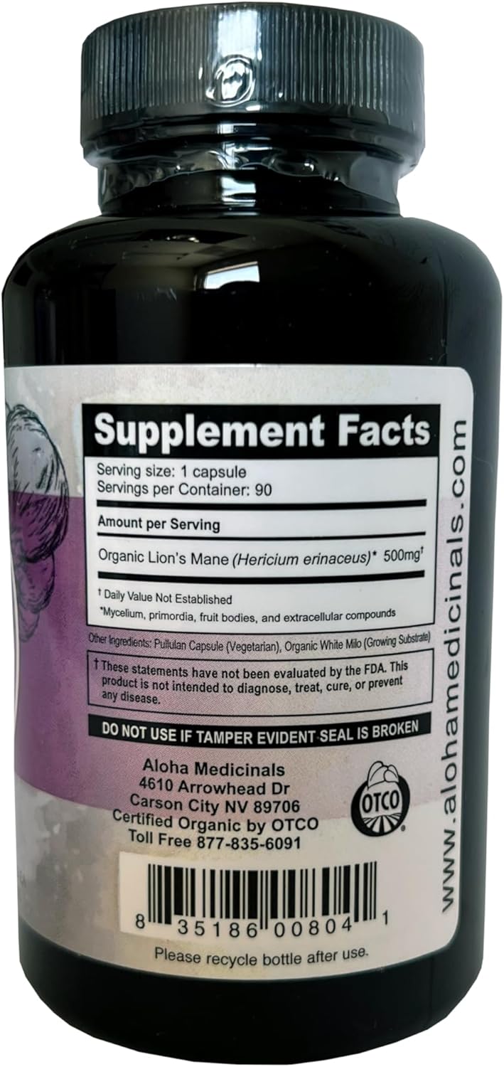 Certified Organic Lion's Mane Mushroom Supplement for Memory and Concentration - 90 Capsules