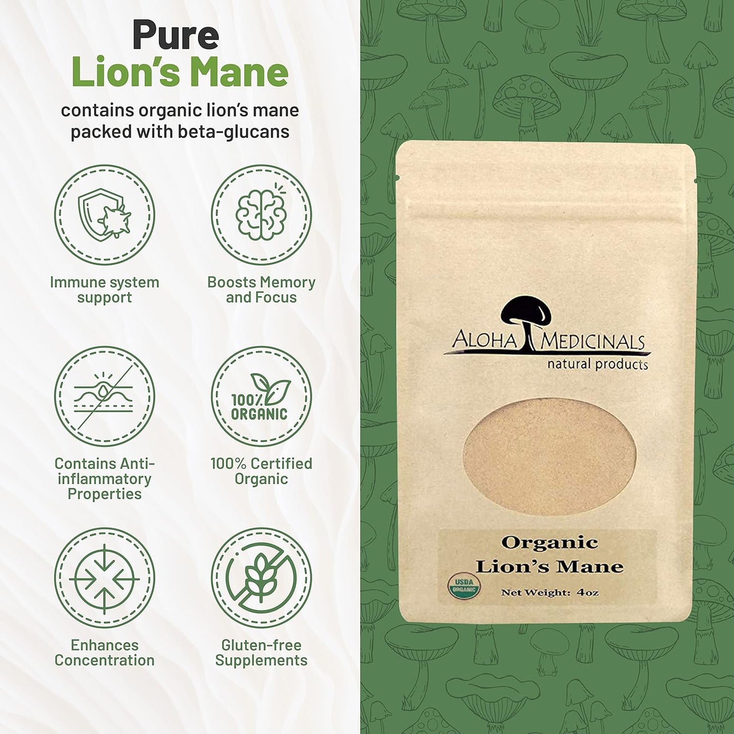 Certified Organic Lion's Mane Mushroom Supplement for Memory and Concentration - 90 Capsules