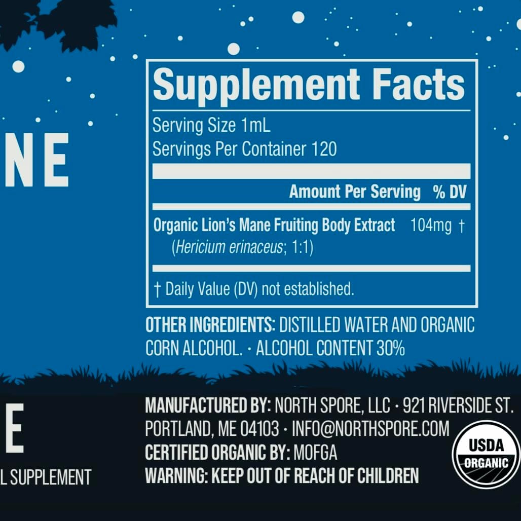Certified Organic Lion's Mane Mushroom Tincture (4 oz) for Focus & Memory | Vegan, Non-GMO | USA-Made Brain Support Supplement