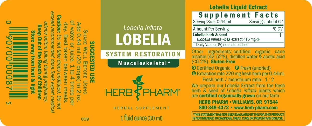 Certified Organic Lobelia Liquid Extract for Musculoskeletal Support - 1oz