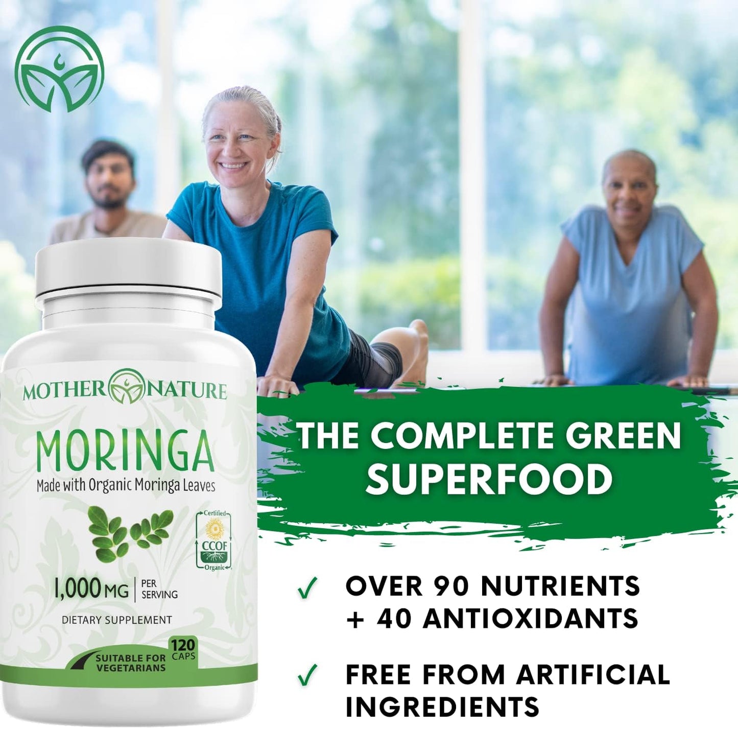Certified Organic Moringa Capsules for Energy, Metabolism, & Immune Support - Vegan Superfood Supplement - 120ct. 500mg Capsules