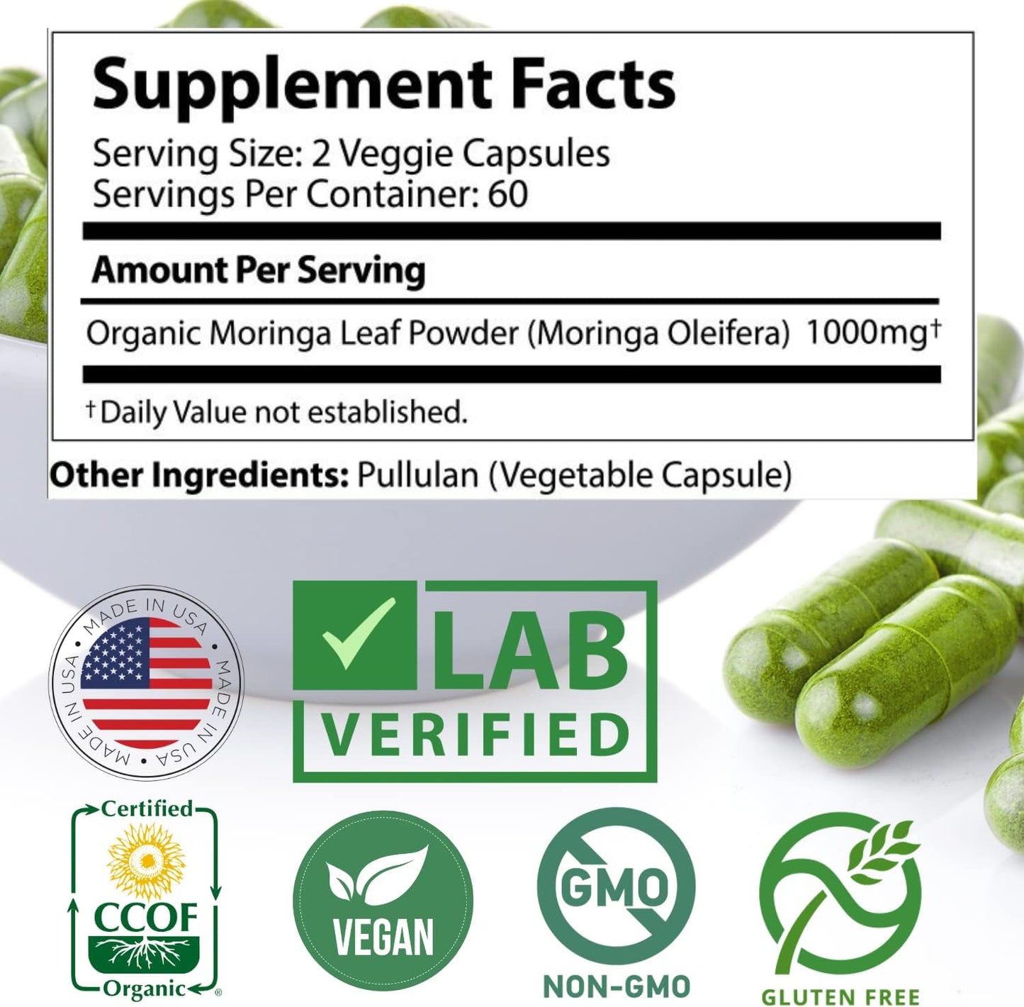 Certified Organic Moringa Capsules for Energy, Metabolism, & Immune Support - Vegan Superfood Supplement - 120ct. 500mg Capsules